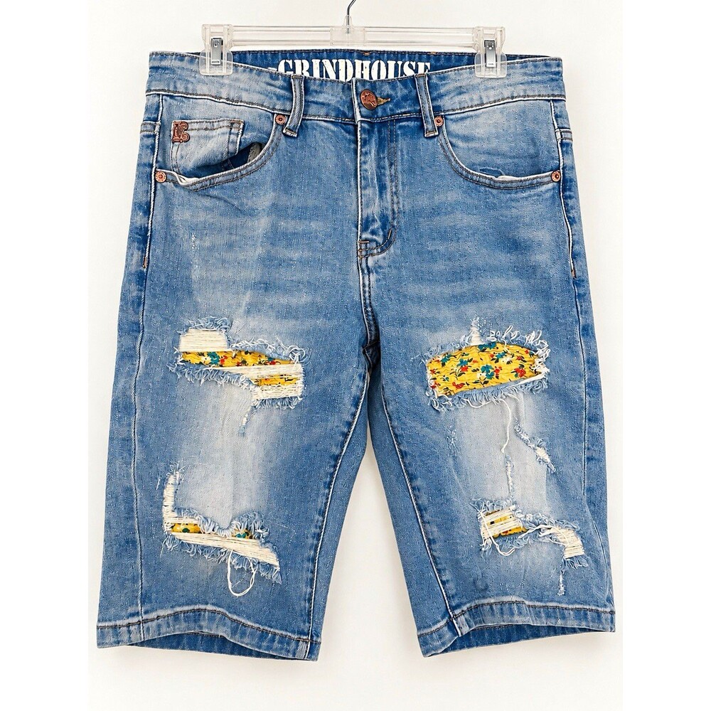Grindhouse Denim Men’s Blue Distressed Denim Shorts Light Wash 5-Pocket Zip